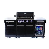 Premium 70" Black Stainless Steel Outdoor Kitchen Island with Refrigerator + 32"W 4-Burner BBQ Grill with Rear Burner — Studio Shot
