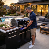 Premium 70" Black Stainless Steel Outdoor Kitchen Island with Refrigerator + 32"W 4-Burner BBQ Grill with Rear Burner — Lifestyle