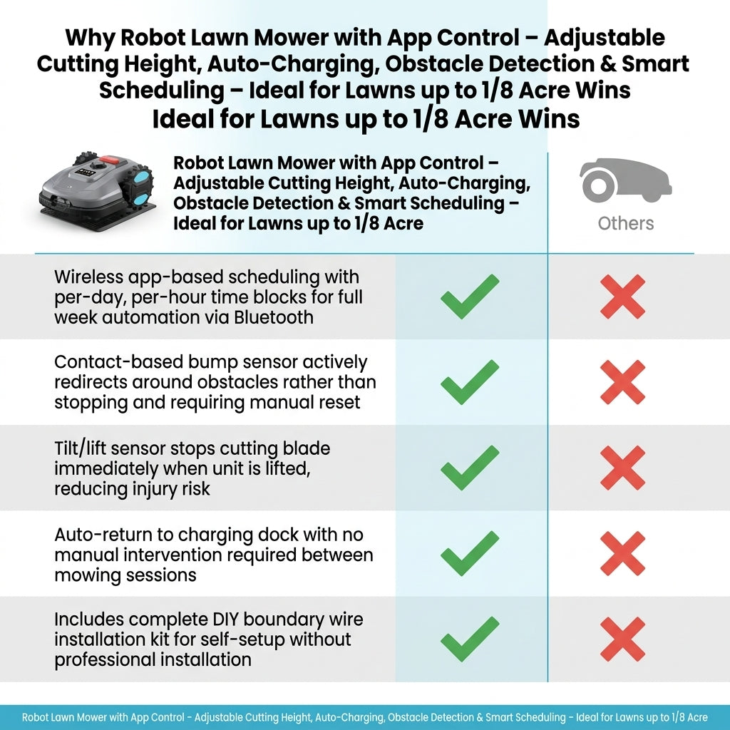 Robot Lawn Mower with App Control – Adjustable Cutting Height, Auto-Charging, Obstacle Detection & Smart Scheduling – Ideal for Lawns up to 1/8 Acre — Comparison