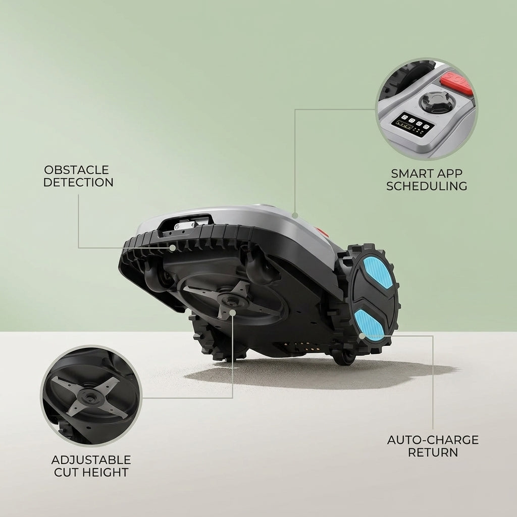 Robot Lawn Mower with App Control – Adjustable Cutting Height, Auto-Charging, Obstacle Detection & Smart Scheduling – Ideal for Lawns up to 1/8 Acre — infographic