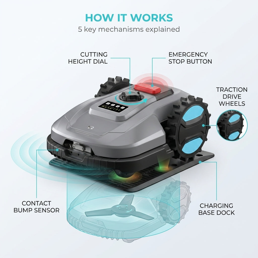 Robot Lawn Mower with App Control – Adjustable Cutting Height, Auto-Charging, Obstacle Detection & Smart Scheduling – Ideal for Lawns up to 1/8 Acre — How It Works
