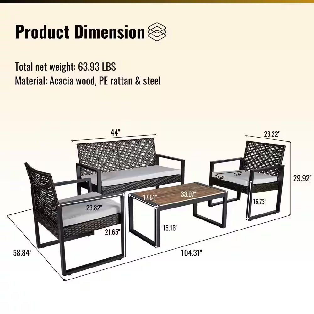 4-Piece Wicker Patio Conversation Set with Cushion, Outdoor Patio Furniture Set with Wood Table Top-Grey Cushions