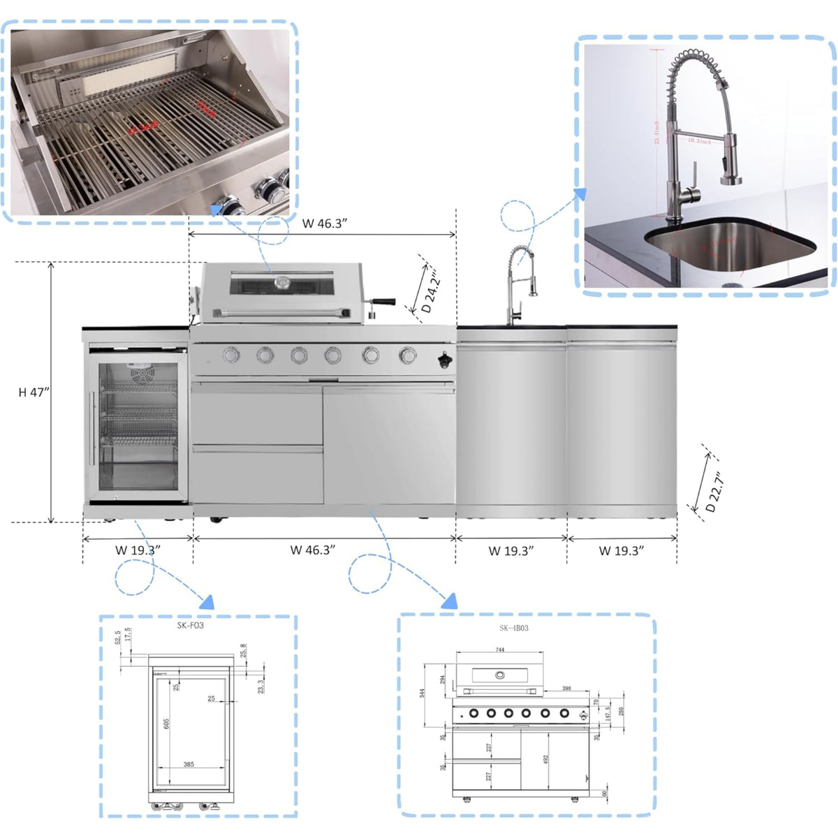 Outdoor Kitchen Island Built for Backyard Gatherings, 104 Inch Gas Grill, Built-in Refrigerator, Granite Top