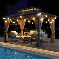 12'X10' Hardtop Gazebo, Aluminum Permanent Pavilion with Polycarbonate Double Roof, Removable Curtains & Mosquito Netting for Patio, Garden, Lawn, Upgrade Your Outdoors (Brown, 12'X10')