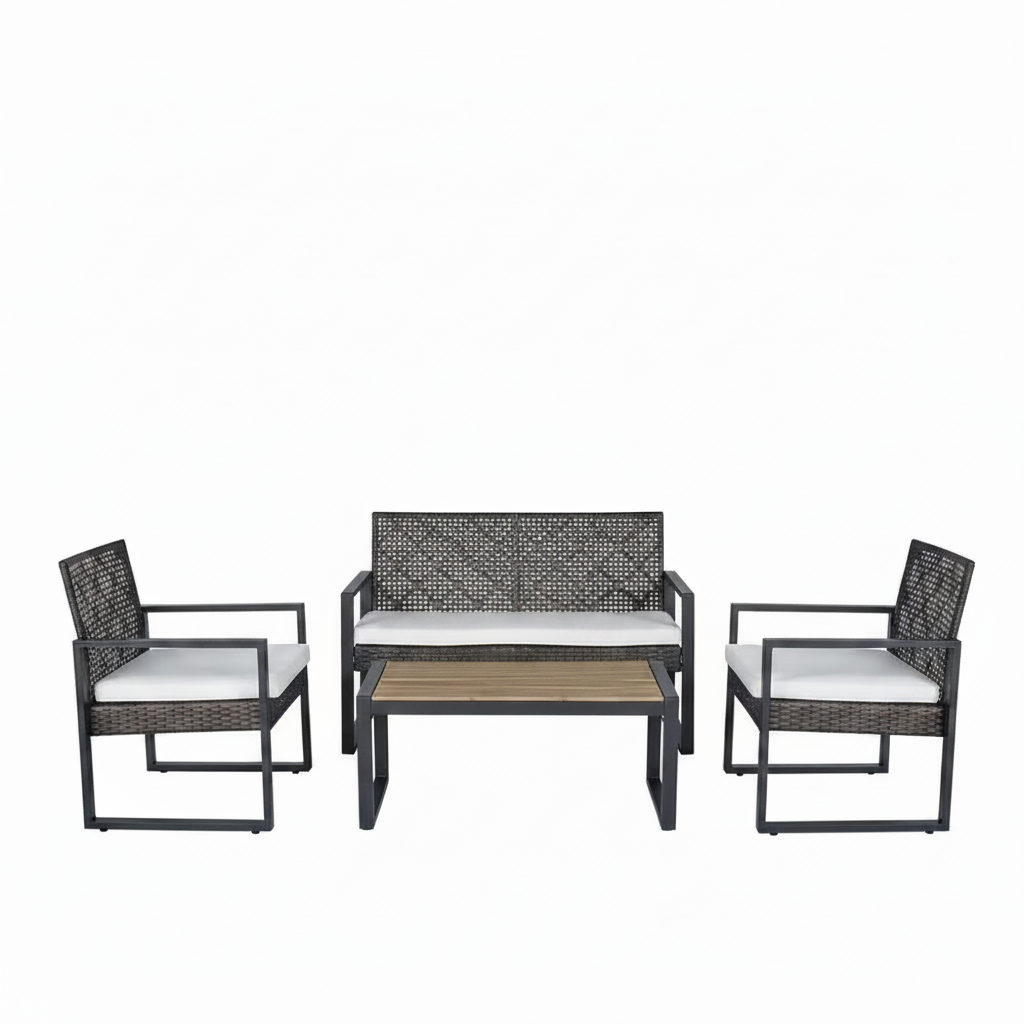Outdoor Patio Furniture Set Built for Comfort, 4-Piece Wicker Design, Acacia Wood Table, Cushioned Seating