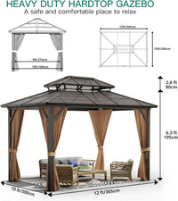 12'X10' Hardtop Gazebo, Aluminum Permanent Pavilion with Polycarbonate Double Roof, Removable Curtains & Mosquito Netting for Patio, Garden, Lawn, Upgrade Your Outdoors (Brown, 12'X10')