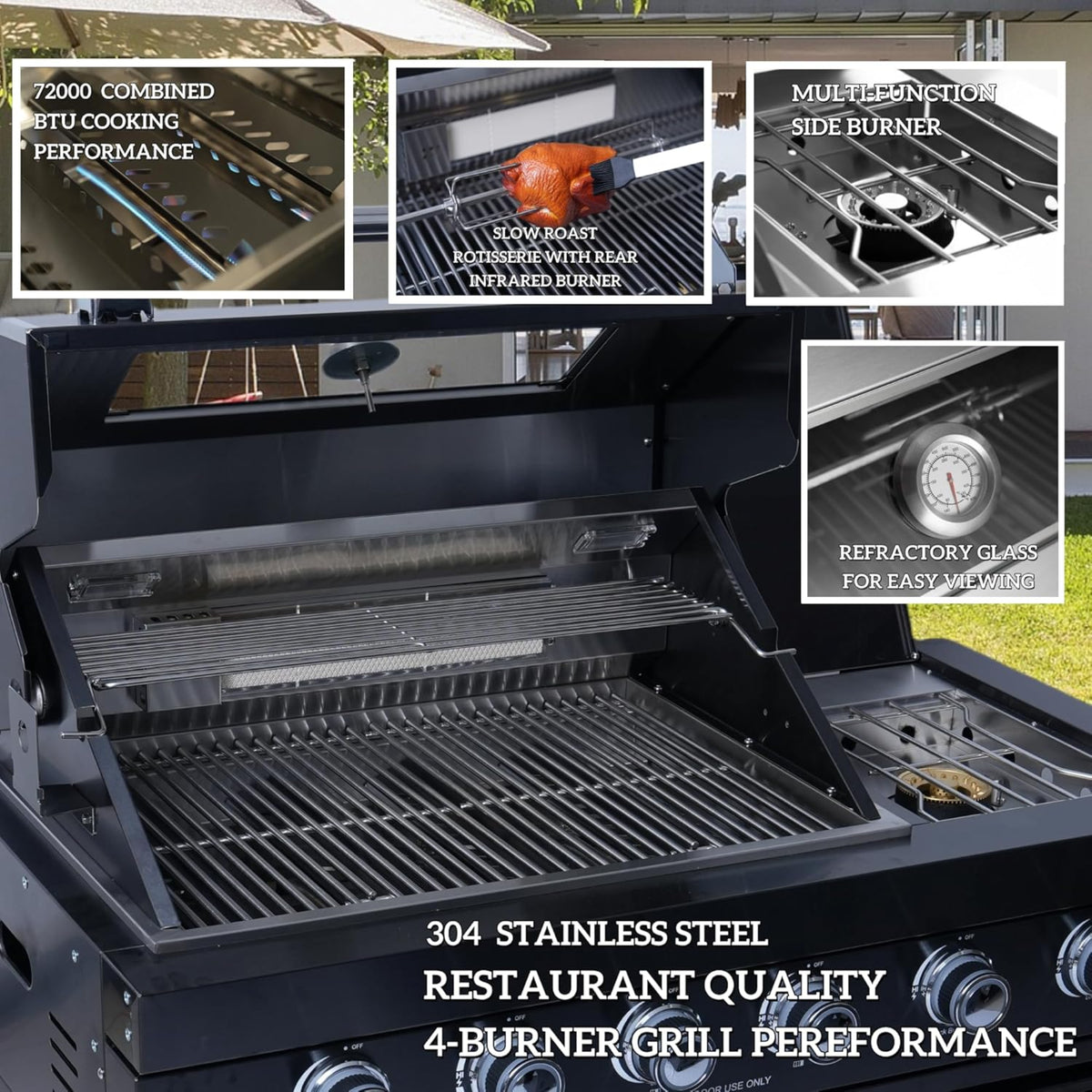 Outdoor Kitchen Island Built for Backyard Gatherings, 104 Inch Gas Grill, Built-in Refrigerator, Granite Top