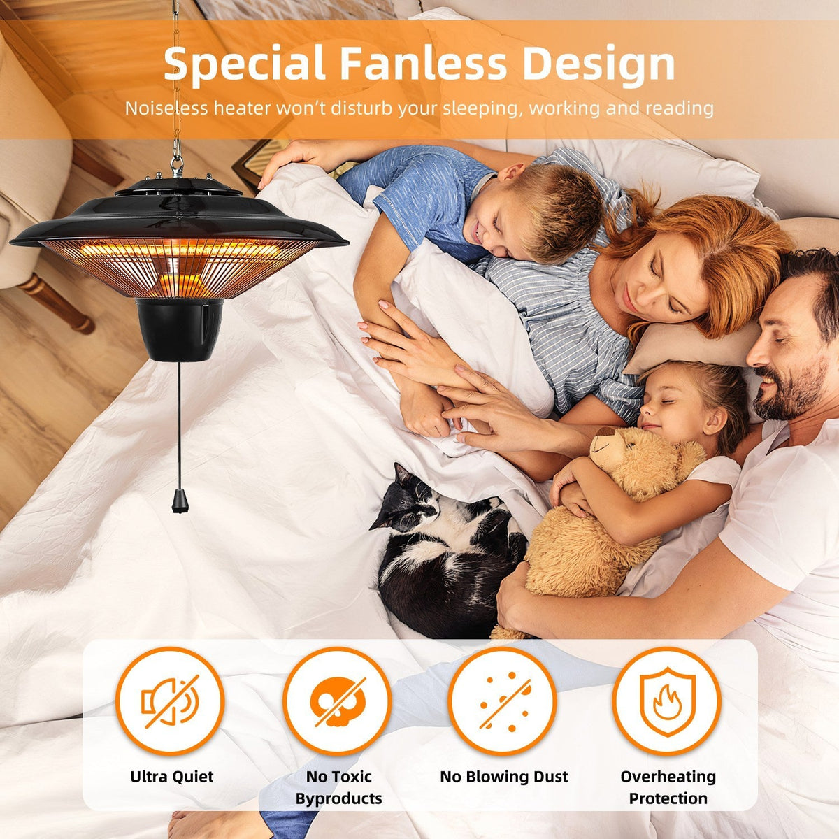 1500W Outdoor Hanging Patio Heater Ultra-Quiet Electric Heating Lamp IP23 Waterproof 2 Heating Levels Overheating Protection Ceiling Mounted Outdoor H