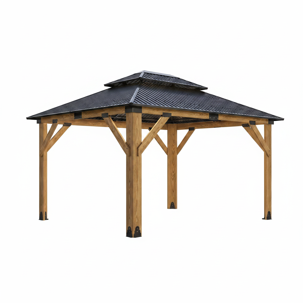 11X13Ft Wood Gazebo, Outdoor Wooden Gazebo with Glavanized Steel Double Roof, Hardtop Gazebos for Garden, Patio, Deck, Backyard