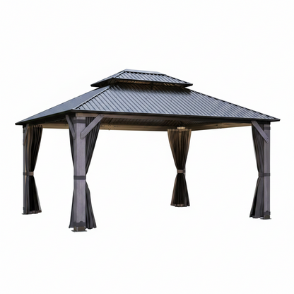 12' X 14' Wood Gazebo, Outdoor Hardtop Gazebo with Wood Posts and Galvanized Steel Doule Roof, Wooden Frame Gazebos with Netting and Curtains for Patio, Backyard, Deck Garden