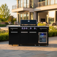 Outdoor Kitchen Island Built for Gourmet Cooking, 70" Black Stainless Steel, 32" 4-Burner Grill, Refrigerator